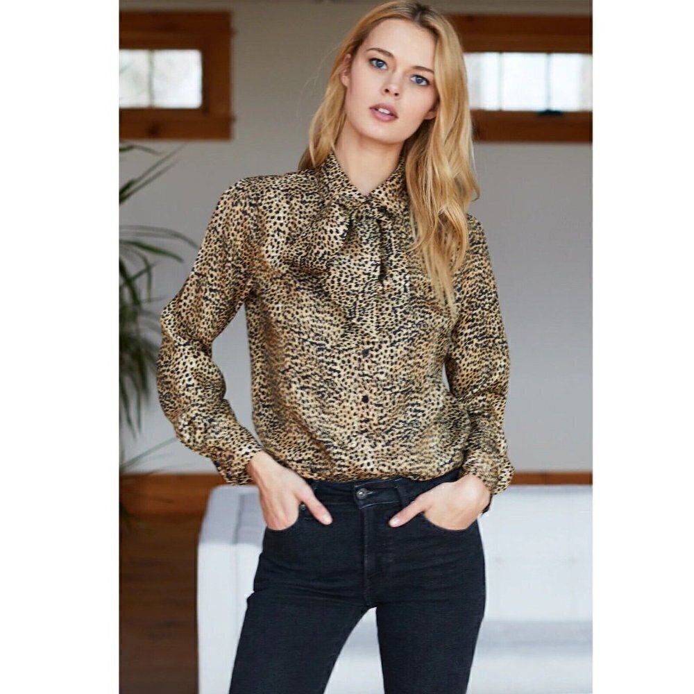 Emerson Fry Womens Brown Cheetah Print Ribbons Removable Neck Sash Blouse Top XS